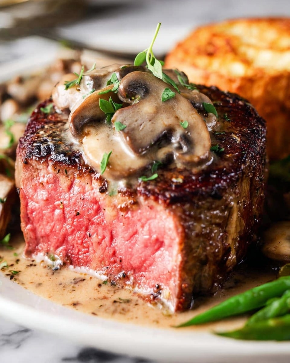 The image shows a thick, round piece of steak cooked medium rare with a dark brown, slightly crispy outer layer and a bright pink, juicy inside. On top of the steak, there is a light brown mushroom sauce with visible slices of mushrooms and small green herb leaves as garnish. The steak rests on a white plate with some green vegetables and a round, golden-brown baked item partially visible in the background. The plate is set on a white marbled surface. Photo taken with an iphone --ar 4:5 --v 7