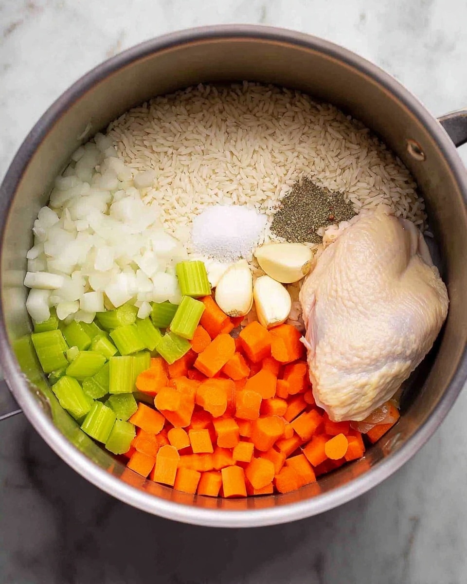 Inside a large metal pot, there is one thick pale chicken piece at the bottom. On top and around the chicken, layers of diced white onions, bright orange carrot chunks, and fresh celery pieces are arranged in separate sections. To one side, there is a portion of uncooked white rice, next to it small piles of coarse salt, black pepper, and two whole peeled garlic cloves. The inside of the pot is smooth and gray, with all ingredients clearly separated by color and shape. The image is on a white marbled surface. photo taken with an iphone --ar 4:5 --v 7