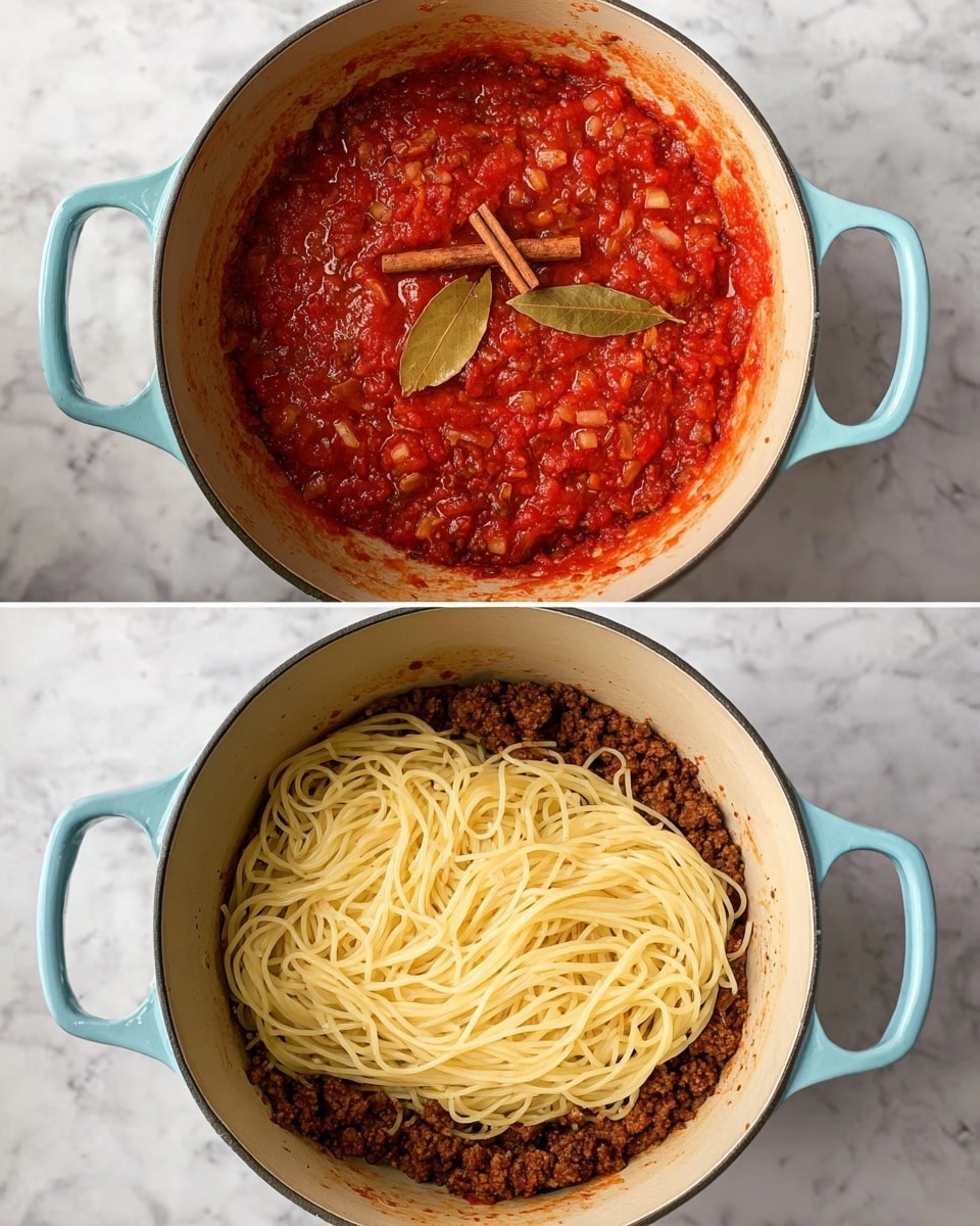 The first image shows a pot with two layers: the bottom layer is cooked minced meat mixed with small bits of vegetables, dark brown in color and textured, and the top layer is a bright red tomato sauce with two bay leaves and a small cinnamon stick resting on the surface. The second image shows the same pot with a base layer of the cooked minced meat mixture visible along the edges, topped with a thick pile of pale yellow cooked spaghetti noodles arranged loosely in a circular shape. The pot is light blue with two handles, set against a white marbled background. Photo taken with an iphone --ar 4:5 --v 7