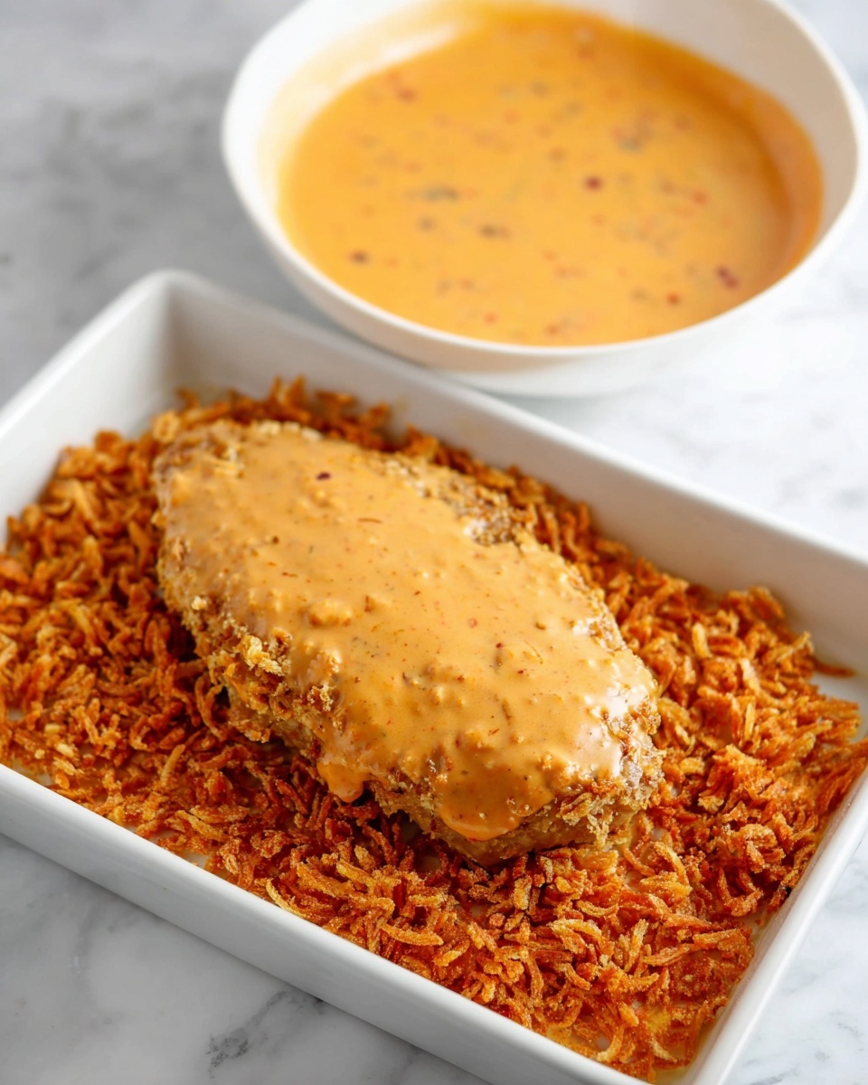 A white rectangular dish filled with a layer of rough-textured, golden brown shredded crumbs at the bottom. On top of this layer, there is a single piece of meat covered in a smooth, light orange creamy sauce that has small specks of spices. In the background, a white bowl holds a similar smooth, light orange sauce. The dish and bowl sit on a surface with a white marbled texture. photo taken with an iphone --ar 4:5 --v 7
