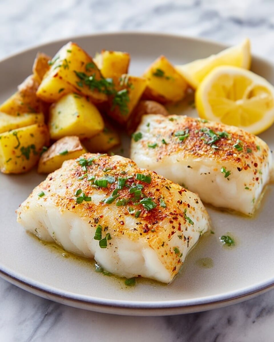 The dish shows two thick pieces of cooked white fish fillets with a golden-brown, slightly crispy top layer sprinkled with small green herb bits, placed side by side on a round white plate. To the left side of the fish, there is a portion of roasted small potato chunks with a golden-yellow skin, also garnished with green herbs. In the far back of the plate, there are two lemon wedges with bright yellow flesh facing up. The plate is set on a white marbled surface. photo taken with an iphone --ar 4:5 --v 7