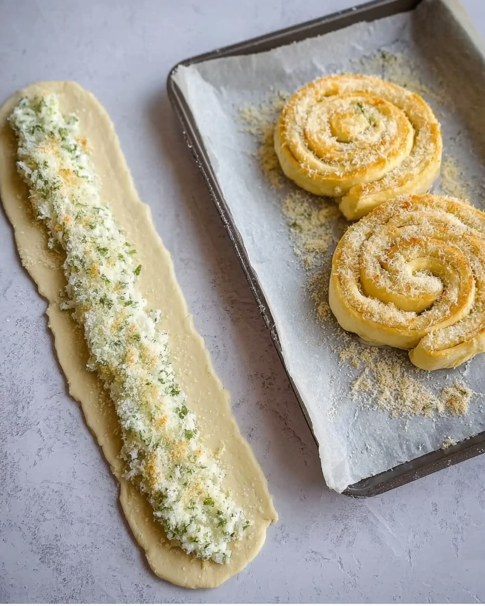 The image shows two stages of preparing spiral rolls on a white marbled surface and in a baking tray. On the left side, there is a long, thin layer of clear dough spread flat with a strip of pale yellow stuffing mixed with green herbs spread in the middle of the dough formation, ready to be rolled. On the right side, two spiral-shaped rolls with a light yellow color are placed on a parchment-lined baking tray, sprinkled with light toasted crumbs or grated topping, showing a soft texture and neat spiraled layers. Photo taken with an iphone --ar 4:5 --v 7