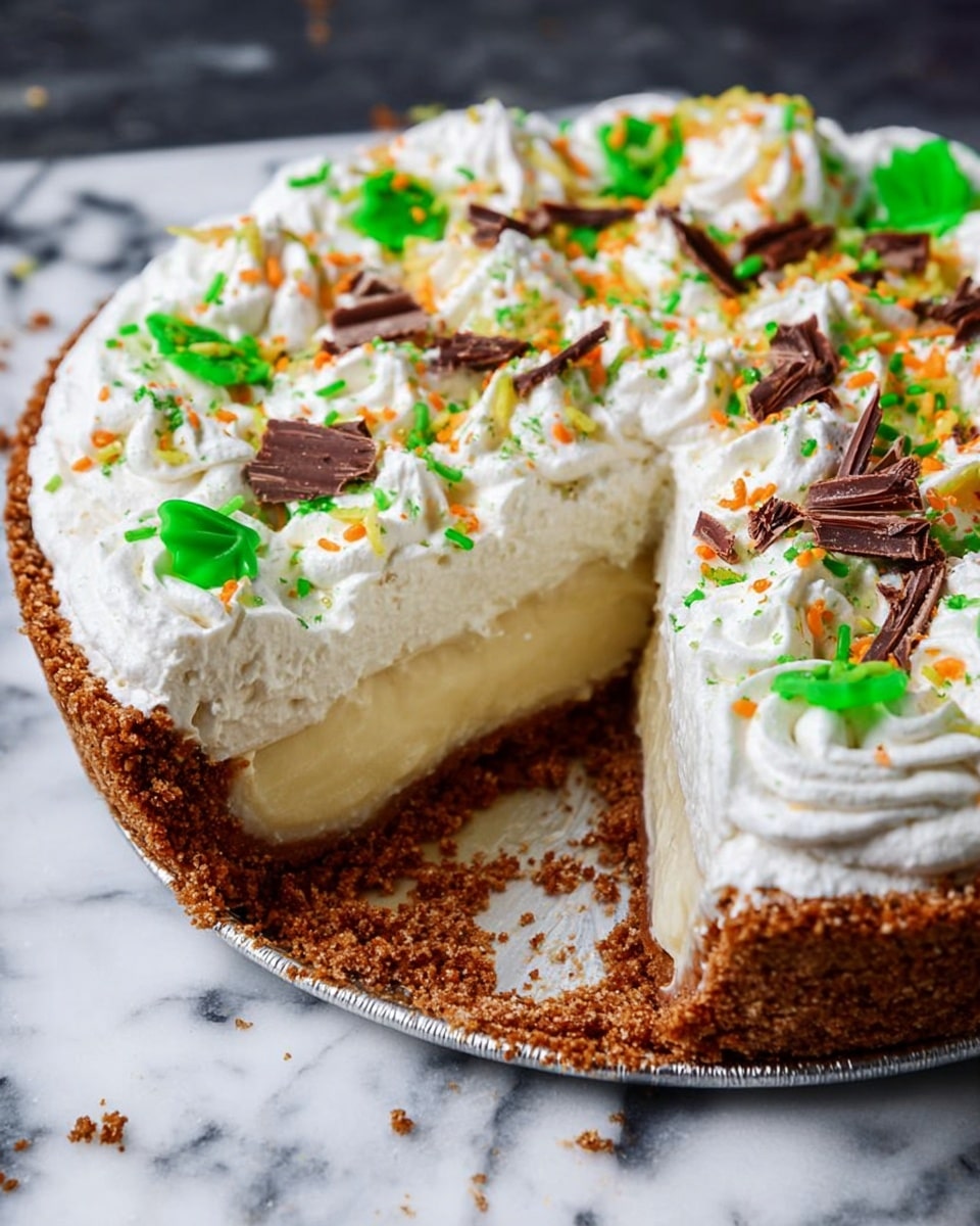 The image shows a round pie with three visible layers. The bottom layer is a brown crumb crust, looking firm and slightly rough. Above it, there is a pale yellow creamy layer, smooth and thick, filling most of the pie. The top layer is fluffy white whipped cream, decorated with green and orange sprinkles and small green leaf shapes. Some chocolate shavings are also scattered on the cream. A slice has been taken out, showing all the layers clearly. The pie sits on a white marbled surface. Photo taken with an iphone --ar 4:5 --v 7