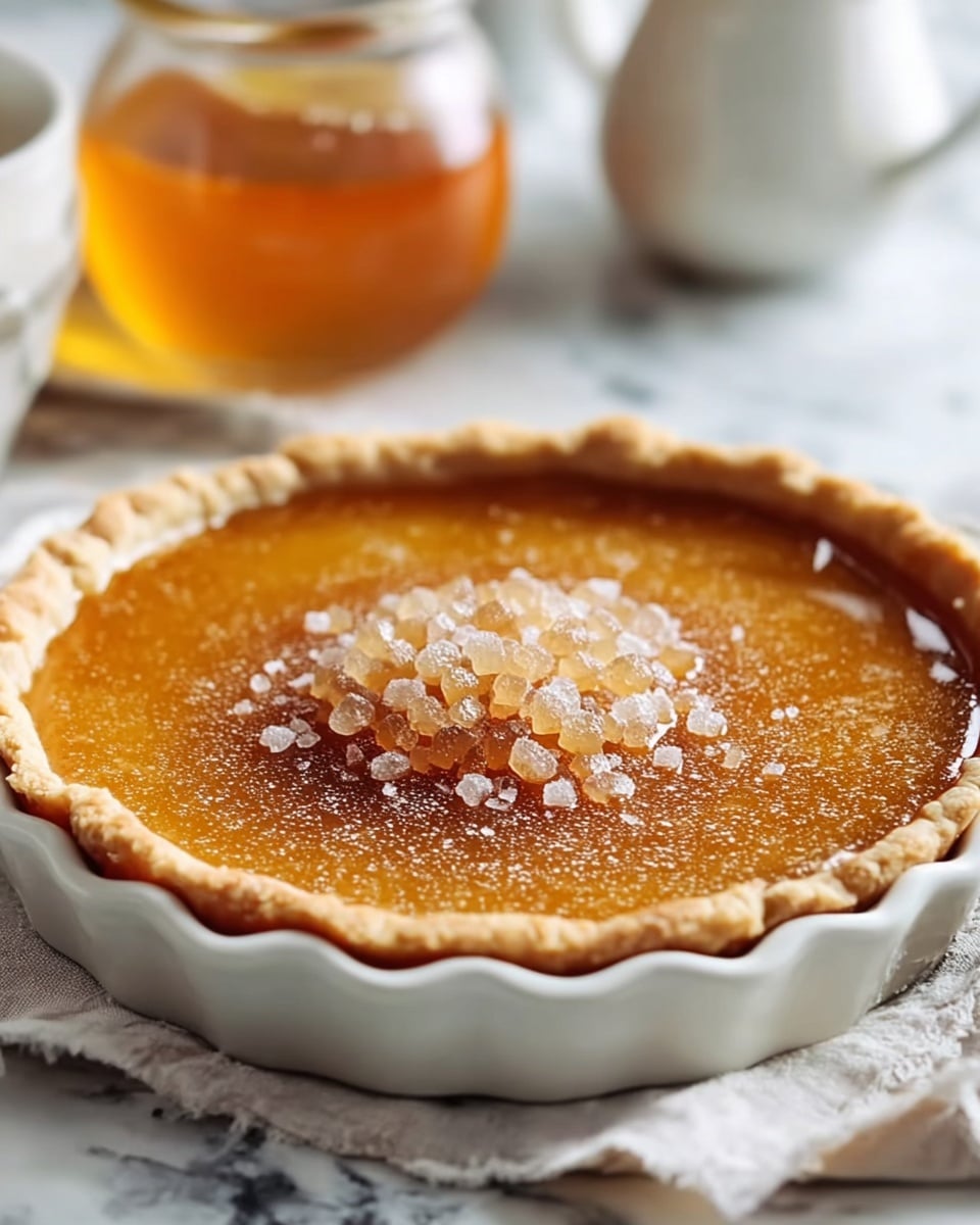 The image shows a tart with a golden crust that is crimped around the edges, sitting in a white fluted tart dish. Inside, there is a smooth, glossy amber filling topped with a cluster of coarse sugar crystals in the middle, adding texture and shine. The tart dish rests on a crumpled light cloth placed on a white marbled surface. In the blurred background, there is a white pitcher and a jar filled with a golden liquid, likely honey. photo taken with an iphone --ar 4:5 --v 7