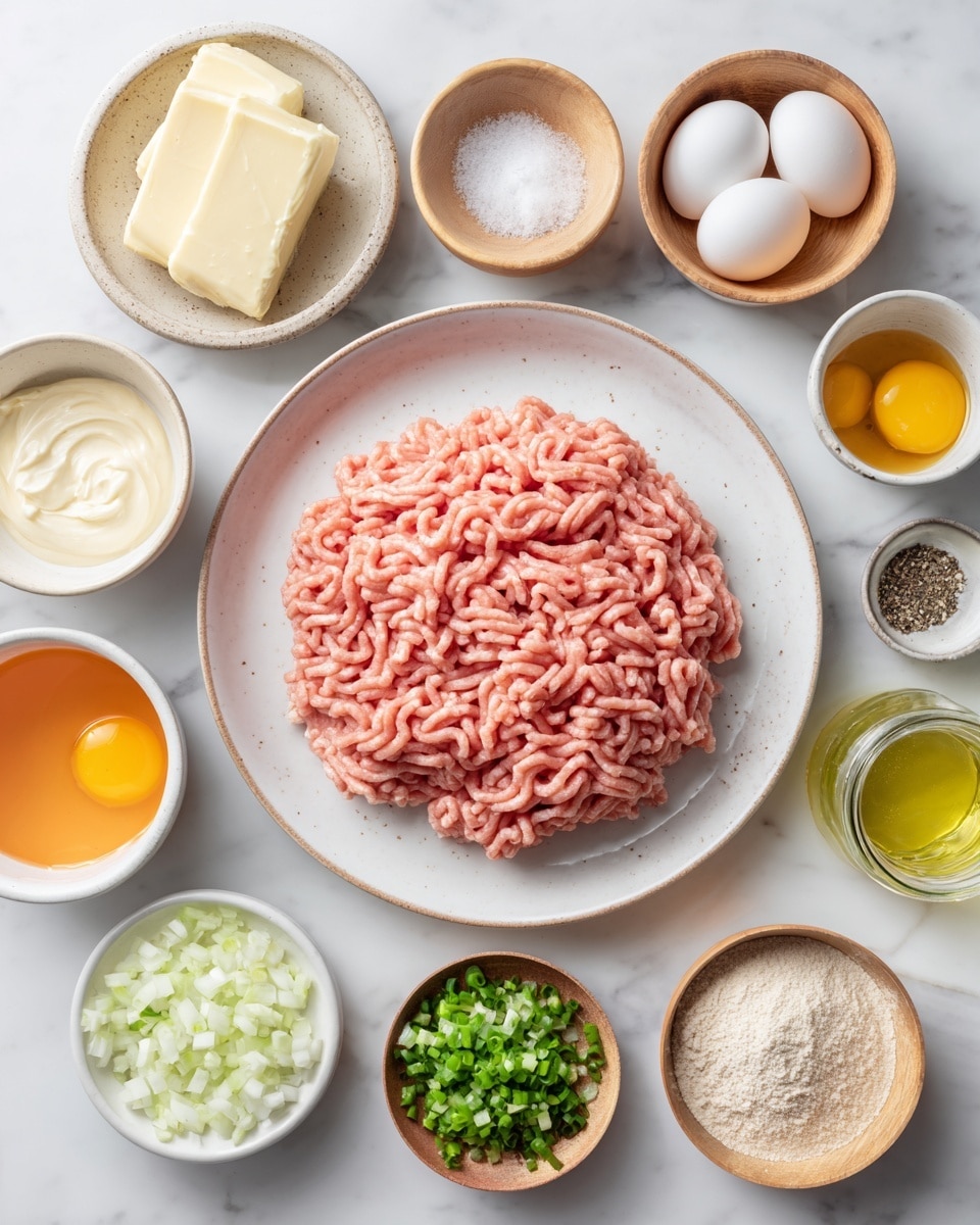 A white speckled plate sits in the center with a large mound of raw pink ground chicken that has soft ridges from being packed. Around it are small wooden bowls and plates arranged neatly on a white marbled surface. These hold various ingredients: a small bowl of creamy off-white mayo, a bowl of finely chopped green onions, a bowl with white almond flour, a bowl of pale yellow butter, small eggs with bright yellow yolk in a white bowl, diced white onion pieces, a reddish-orange sauce in a white bowl, a bowl of bright yellow lemon juice, a small bowl labeled ranch seasoning that contains a speckled off-white powder, a very small bowl with a mix of white garlic and onion powder, a small white bowl with black salt and pepper, a small cup with light brown vinegar and a glass jar with plant-based milk labeled, all arranged symmetrically around the plate. Photo taken with an iphone --ar 4:5 --v 7