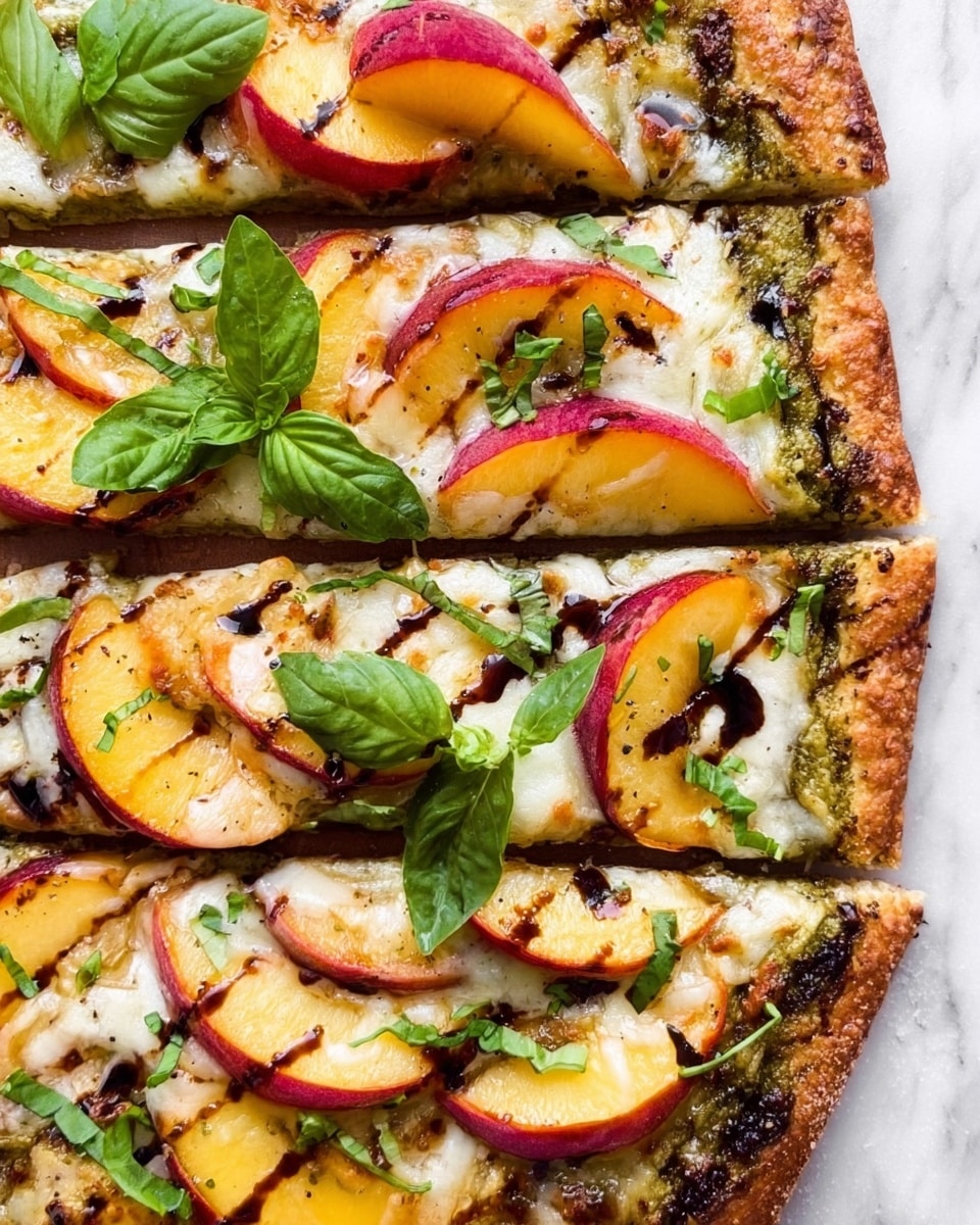 A close-up view of a pizza with a thin crust base, topped with melted white cheese that shows slight bubbling and soft texture, arranged in uneven patches. Bright, thin slices of yellow and red peaches lay on top, fanning out slightly on each section of cheese. Fresh green arugula and basil leaves are scattered across the pizza, adding a bright leafy texture that contrasts with the smooth cheese and fruit. A drizzle of dark balsamic glaze gently crosses over the toppings, adding a shiny, rich detail. The pizza is set against a white marbled surface, with no plate visible. photo taken with an iphone --ar 4:5 --v 7