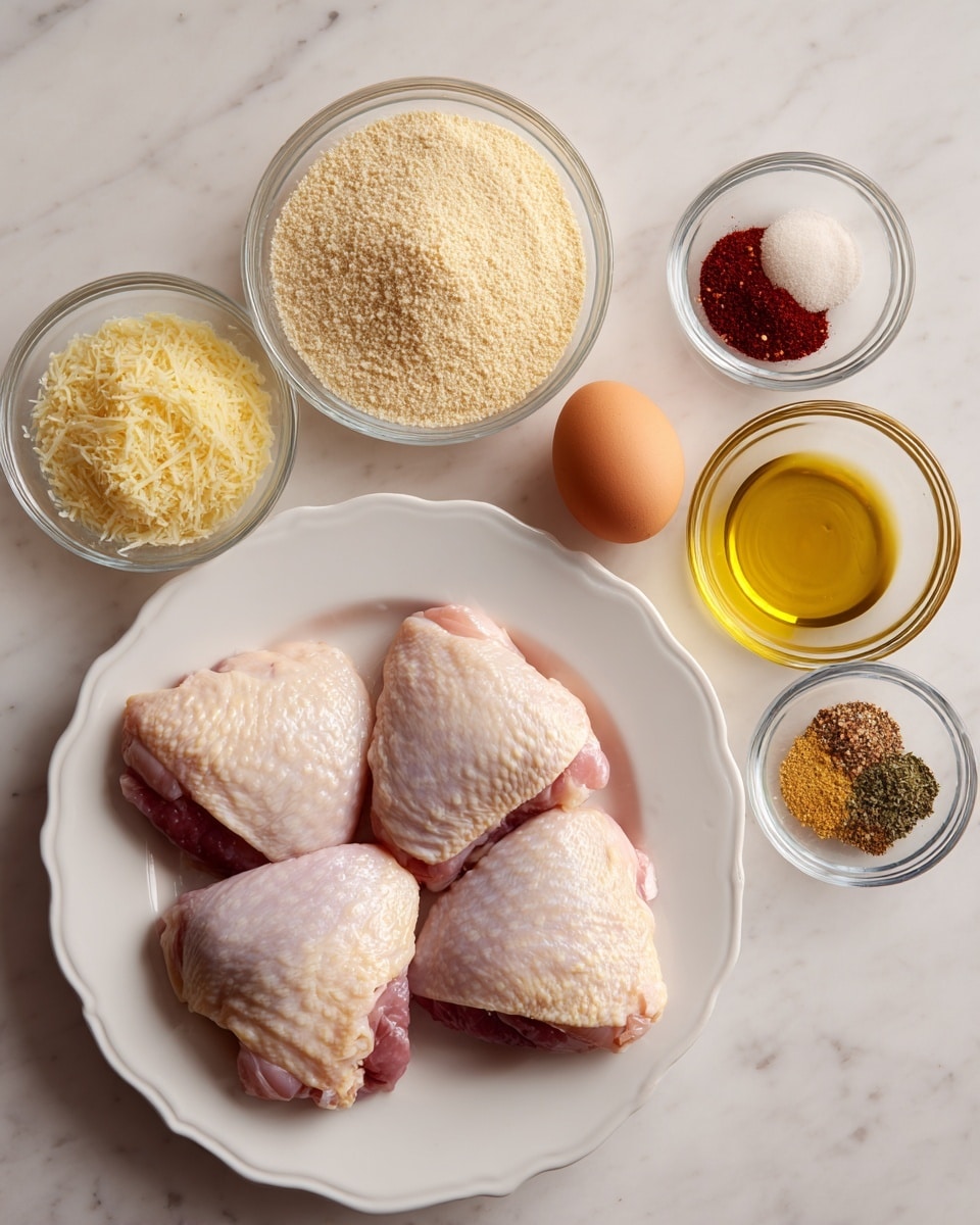 A white scalloped plate holds four raw pink chicken thighs with smooth, slightly shiny skin, positioned on the left side of the image. To the right, a clear glass bowl filled with light beige panko breadcrumbs sits near the top. Below it, a smaller clear glass bowl holds two brown eggs with smooth shells. To the left of the eggs, another small clear glass bowl is filled with finely grated pale yellow Parmesan cheese. Below the Parmesan, a tiny glass bowl contains mixed dry seasonings in separate sections showing deep red paprika, pale yellow garlic powder, greenish-brown Italian seasoning, and white salt. To the right of this bowl, a small clear bowl holds golden olive oil. All items are placed on a white marbled surface. photo taken with an iphone --ar 4:5 --v 7