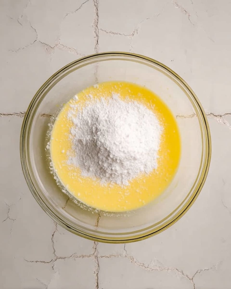 A clear glass bowl sits on a white marbled surface with visible cracks in the tiles below, containing a yellow, smooth creamy mixture as the base layer. On top of this yellow mixture, a heap of white powder is added, sitting neatly in the center with a fluffy texture and soft edges. The bowl is round with a thin rim visible from above, and the contents show a contrast of bright yellow and pure white powders against the clear glass. Photo taken with an iphone --ar 4:5 --v 7