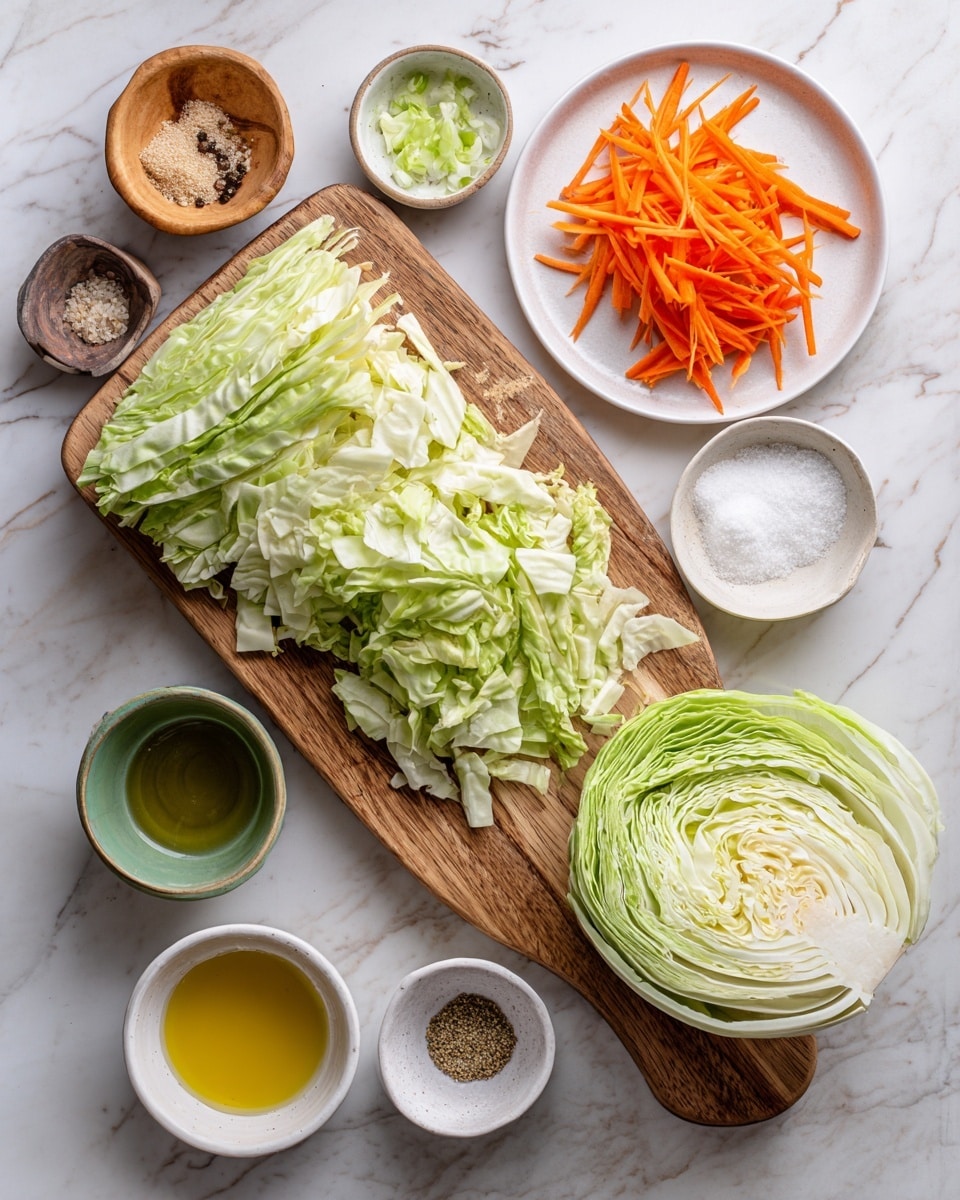 The image shows a wooden board on a white marbled surface with chopped green cabbage spread in the center and half a green cabbage to the right. Around the board, there are small white bowls and dishes holding various ingredients: a bowl with white sugar near the top right corner, a small bowl with Dijon mustard at the bottom right, a small bowl of olive oil to the left of the cabbage, and a bowl of distilled vinegar below the olive oil. On the marbled surface to the top left, a small wooden bowl contains kosher salt and pepper, and a small green bowl holds celery seed. Above the board, a white plate presents thinly sliced white onion on the right side and julienned orange carrots on the left. The overall colors include the green and white of the cabbage, bright orange from the carrots, and soft yellow and brown hues from the other ingredients, all arranged neatly. Photo taken with an iphone --ar 4:5 --v 7