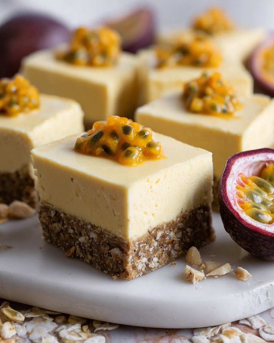 The image shows square pieces of a two-layer dessert on a white plate. The bottom layer is brown and looks like a nut and oat crust with a rough texture. The top layer is thick, smooth, and creamy with a pale yellow color, likely a fruit-flavored mousse or cheesecake. Each piece is topped with a small spoonful of bright orange passion fruit pulp with seeds, adding texture and color contrast. Next to the pieces on the plate is half a passion fruit with its bright yellow pulp and black seeds visible. The plate sits on a surface with a white marbled texture, with some fruit pieces and nut fragments scattered around. Photo taken with an iphone --ar 4:5 --v 7