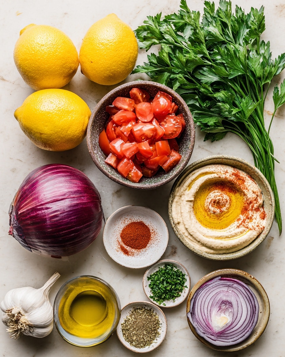 A collection of ingredients is arranged on a white marbled surface, including two whole yellow lemons, one whole red tomato, and a whole purple onion with another onion sliced in half showing its white and purple layers. A bulb of white garlic rests near the onions. There are three small bowls: one with chopped red tomatoes stacked unevenly in soft red chunks, another with a beige hummus topped with a swirl of golden olive oil, and a third with olive oil dusted with red spices. Smaller bowls hold finely chopped green herbs, light brown ground spices, and a darker golden liquid. A bunch of fresh green parsley with textured leaves is placed at the top right. The items create a colorful and fresh composition. photo taken with an iphone --ar 4:5 --v 7