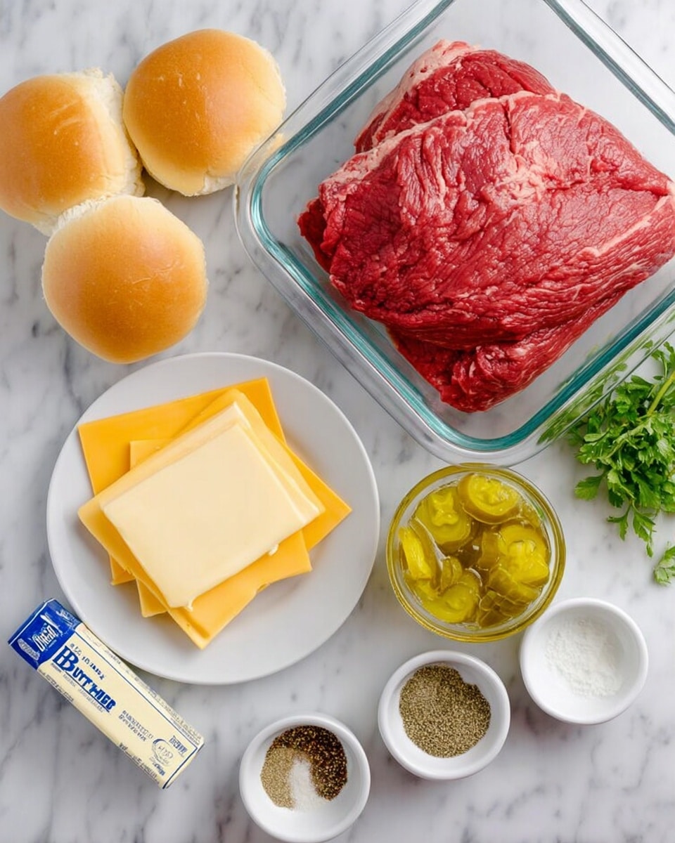 The image shows a clear square glass baking dish containing a large, raw red piece of beef with visible texture and fat marbling. To the left, there are four soft yellow sandwich rolls placed on the white marbled surface. Below the baking dish, a white plate holds several round slices of light yellow cheese stacked neatly. To the right of the cheese, a small clear glass bowl contains bright yellow-green sliced pickled peppers submerged in liquid. Below that, three small white bowls are arranged: one with light green seasoning, one with brown seasoning, and one with mixed salt and pepper. A stick of unsalted butter with blue and white wrapping lies horizontally below the bowls. In the top right corner, some green leafy herbs are partially visible. Photo taken with an iphone --ar 4:5 --v 7