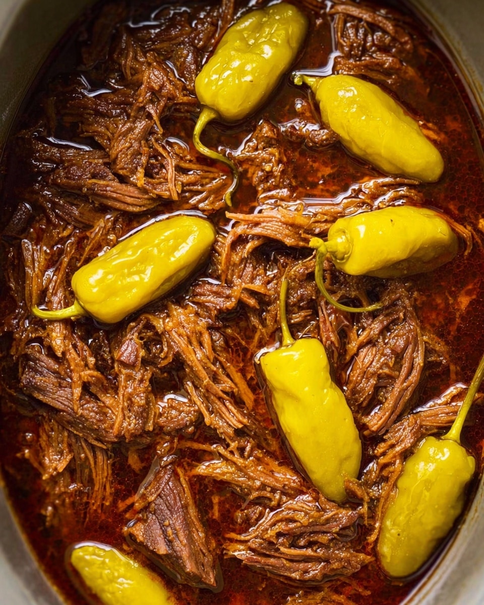 The image shows a close-up of shredded meat in a rich brown sauce filling the container, with several whole yellow pepperoncini peppers placed evenly on top. The meat looks tender with stringy texture, soaking in the glossy sauce. The peppers have smooth, slightly wrinkled skin and their long stems are visible, adding contrast to the dark brown of the meat. The overall presentation is rustic and hearty, resting on a white marbled texture. photo taken with an iphone --ar 4:5 --v 7
