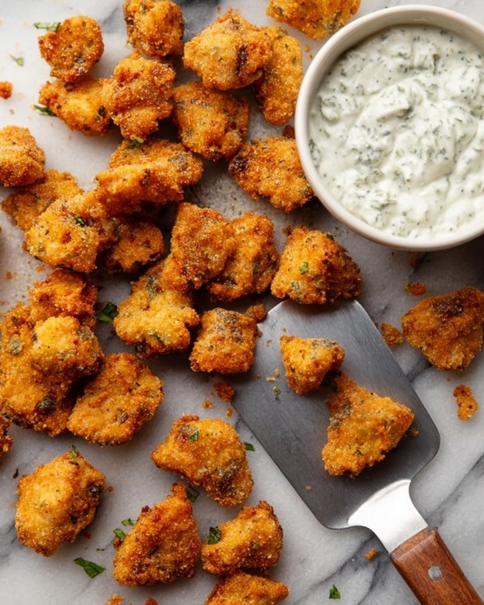 The image shows many small, golden-brown fried pieces with a crispy texture scattered on a white marbled surface. There is a white bowl filled with creamy white sauce mixed with green herbs placed in the upper right part of the image. A metal spatula with a wooden handle is under some fried pieces near the center. The fried pieces have an uneven shape and a crunchy look with some herbs visible in the breading. Photo taken with an iphone --ar 4:5 --v 7