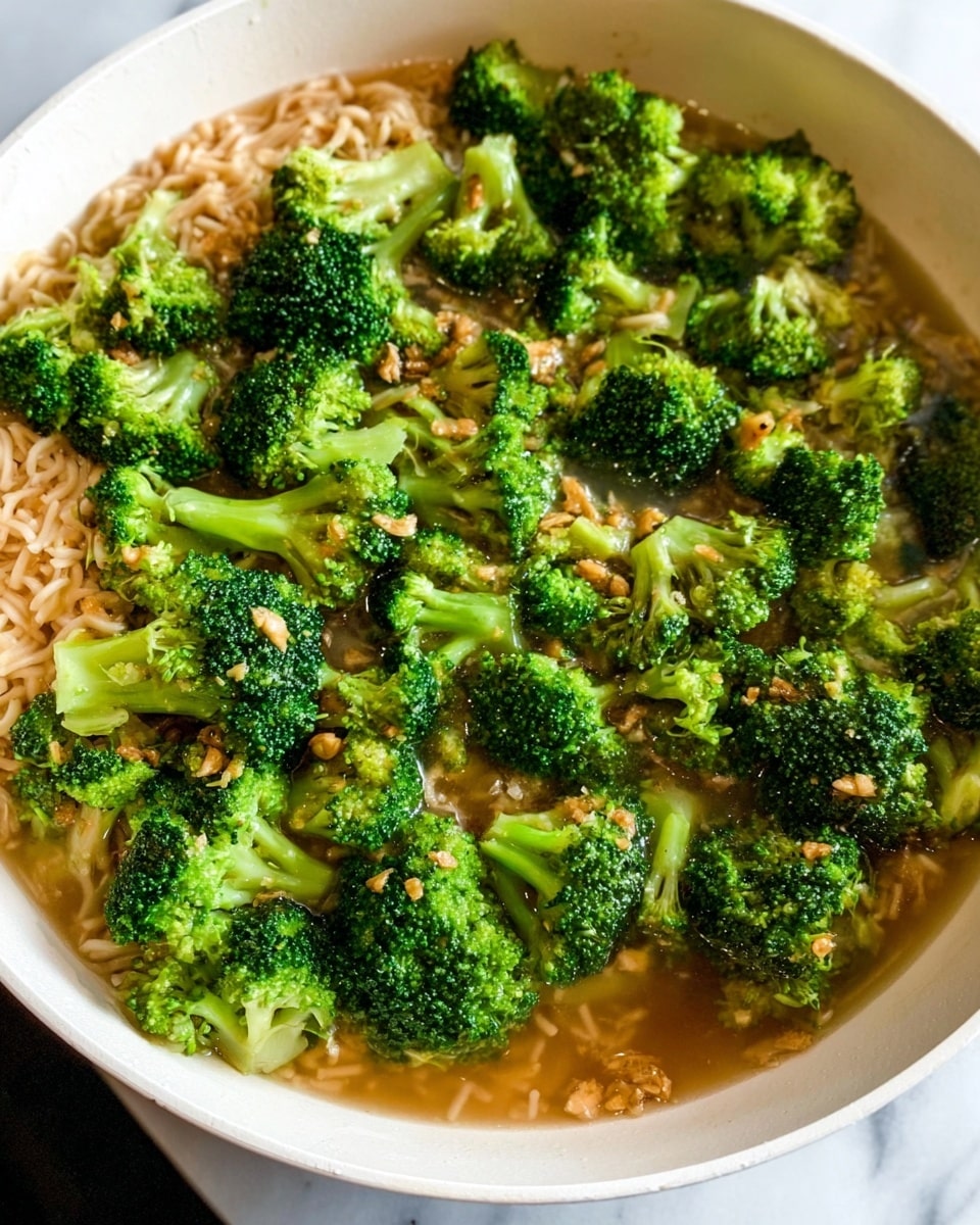 A close-up view of a white dish filled with light brown noodles soaking in a clear sauce. On top, there are many bright green broccoli florets with a textured and fresh appearance, spread evenly across the noodles. Small bits of garlic or seasoning pieces are scattered among the broccoli and sauce. The dish is placed on a white marbled surface, with light reflecting softly on the edges of the plate. photo taken with an iphone --ar 4:5 --v 7