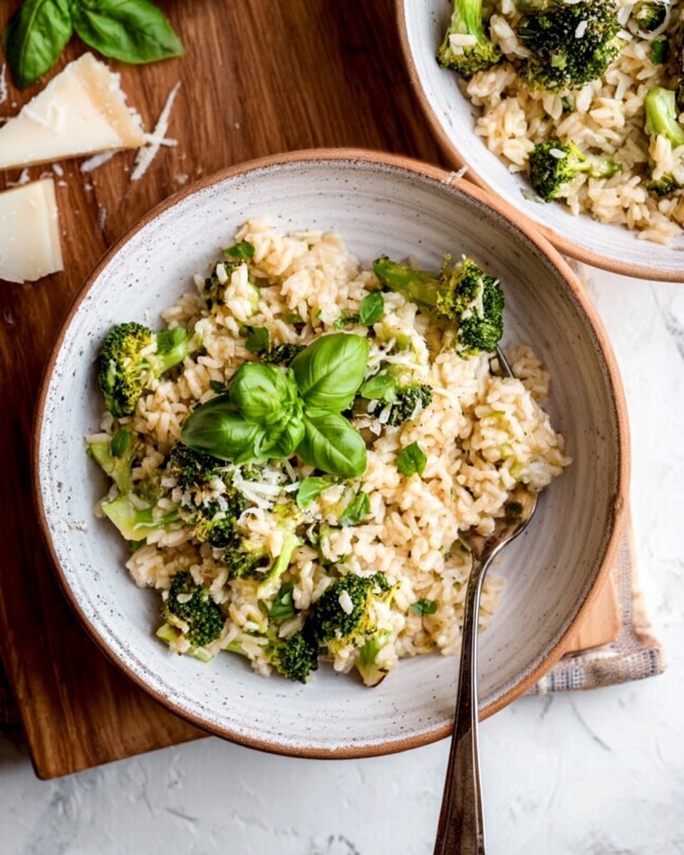 A white speckled bowl filled with cooked rice mixed with bright green broccoli florets and garnished with fresh green basil leaves on top. There is a silver spoon resting inside the bowl on the right side. In the background, another bowl holds the same dish, and part of a wooden board with white cheese crumbles and a basil leaf is visible on the upper left side. The surface is a white marbled texture. Photo taken with an iphone --ar 4:5 --v 7