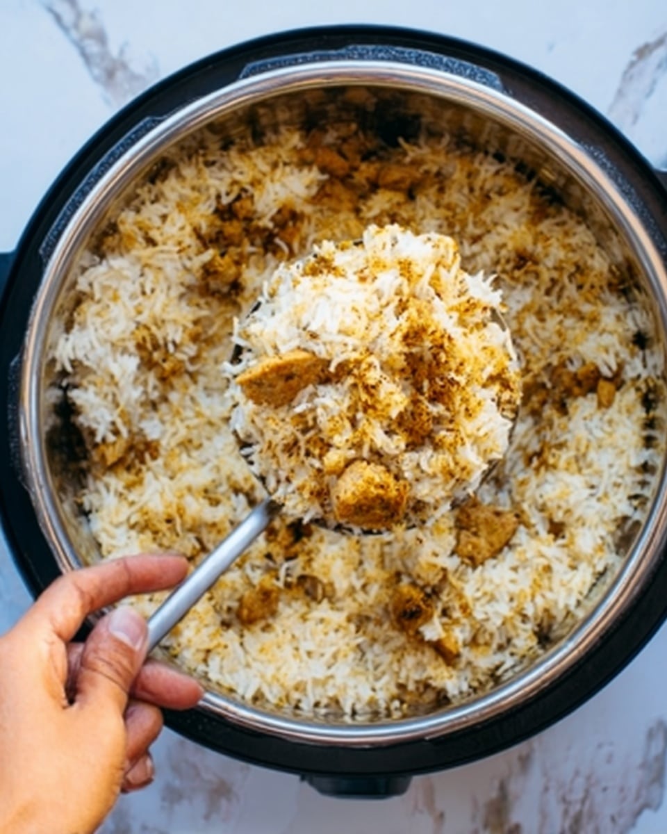 The image shows a close-up of a woman's hand holding a serving spoon filled with cooked white rice mixed with small pieces of golden-brown spiced meat. The rice looks fluffy with a light and slightly textured appearance, while the meat pieces are evenly distributed throughout. The dish is inside a black pot with a shiny metal rim, and the background is a white marbled texture. The photo taken with an iphone --ar 4:5 --v 7
