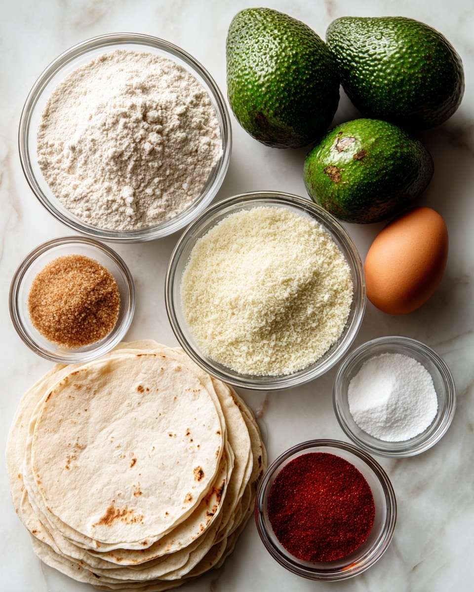 The image shows a white marbled surface with ingredients neatly arranged for a recipe. At the top center, there are two green avocados with textured skins, slightly oval and placed side by side. To the right of the avocados, a small clear glass bowl holds a smooth brown egg. Below the avocados in the center, a larger clear glass bowl is filled with fine white panko breadcrumbs. To the left of the breadcrumbs, there is a small clear bowl containing light brown garlic powder, while below that, a stack of pale white tortillas is folded and arranged in a neat pile. At the bottom left, another clear glass bowl holds soft, powdery white all-purpose flour. On the right side of the breadcrumbs bowl, a small clear bowl contains bright red paprika powder, and below it, another small clear bowl holds fine white salt. The layout is clean, bright, and organized with a focus on the colors and textures of each ingredient photo taken with an iphone --ar 4:5 --v 7