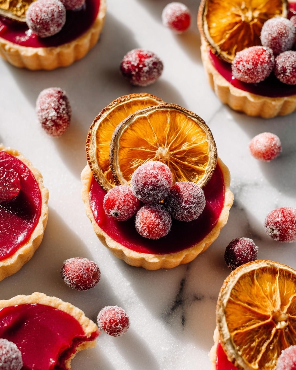 The image shows several small tarts on a white marbled surface. Each tart has a light beige crust filled with a smooth, deep red filling. On top of each tart are three sugar-coated red cranberries and a dried orange slice, which is golden to brown in color with visible texture. Around the tarts, a few loose sugar-coated cranberries and dried orange slices are scattered. One tart has a small bite taken out, revealing the red filling inside. The scene is bright with clear shadows, giving the tarts a fresh and vibrant look. photo taken with an iphone --ar 4:5 --v 7