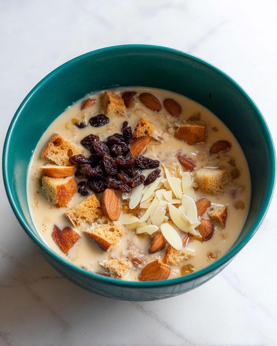 A deep teal bowl filled with a creamy beige liquid base holds chunks of golden brown bread pieces floating throughout. On top, there are two small piles: one of dark raisins with a slightly wrinkled texture and another of thin, pale almond slices. The bowl rests on a white marbled surface. photo taken with an iphone --ar 4:5 --v 7