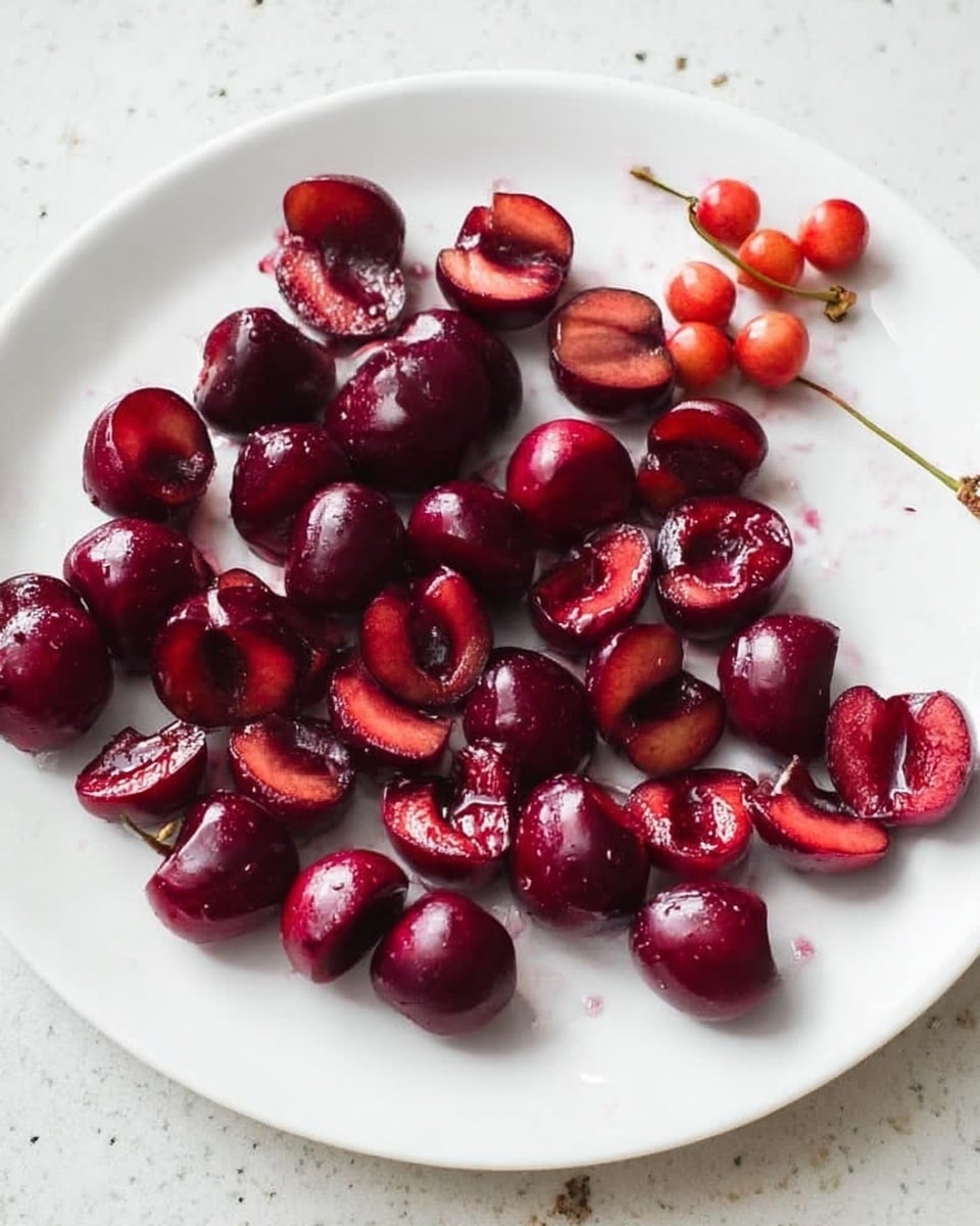 A white plate on a white marbled surface holds a mix of dark red cherry halves arranged in a scattered pattern, showing their shiny and juicy inside texture. Near the edge, there are small clusters of cherry stems, some holding tiny uncut cherries in a lighter red shade. The overall look is fresh and ripe with deep red tones standing out against the white plate, highlighting the fruit's smooth skin and soft, wet interior. Photo taken with an iphone --ar 4:5 --v 7