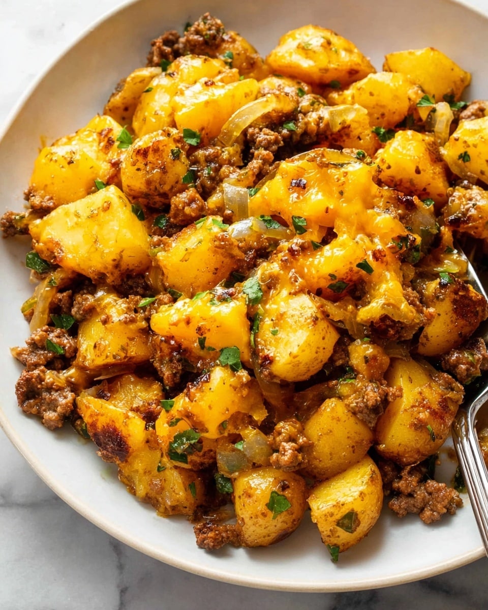 This close-up image shows a dish made of small golden yellow potato chunks mixed with browned ground meat and soft cooked onions. The potatoes have a slightly crispy texture that glows warmly, while melted orange cheese drapes over some parts, adding a creamy shine. Fresh green herb pieces are sprinkled on top, giving a fresh color contrast. The food is served on a white plate, and a metal spatula is partially visible under the food. The background is a white marbled texture. photo taken with an iphone --ar 4:5 --v 7