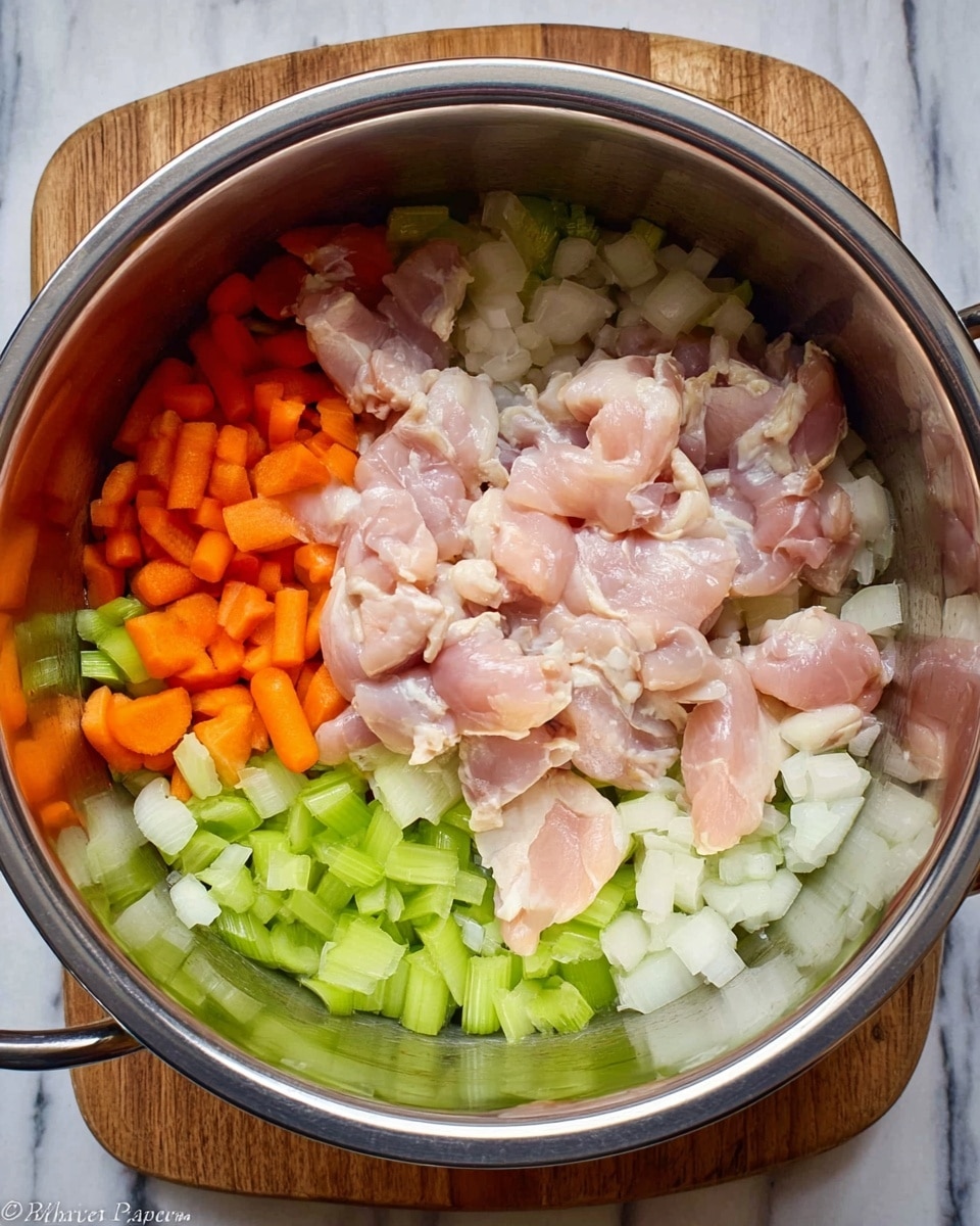 Inside a shiny metal pot, there is one layer of small chopped white onions, bright green celery pieces, and orange carrot slices spread evenly. On top of these vegetables, there is a layer of raw light pink chicken pieces with some slight darker pink and white fat parts. The pot sits on a wooden surface, but the background is changed to a white marbled texture. photo taken with an iphone --ar 4:5 --v 7