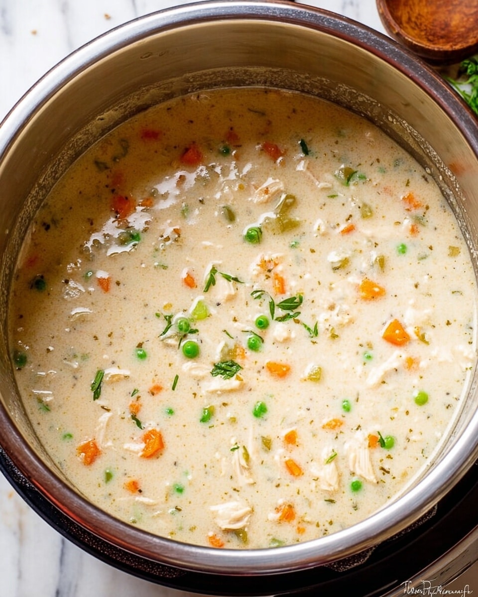 A large stainless steel pot filled with a creamy soup that has a light beige color. The soup contains visible pieces of small bright orange carrot chunks, light green celery bits, and green peas scattered evenly throughout. There are also small pieces of light tan chicken mixed inside. Tiny green leaves, likely parsley, are sprinkled on top. The pot sits on a white marbled surface with a dark cooking appliance beneath it. Photo taken with an iphone --ar 4:5 --v 7