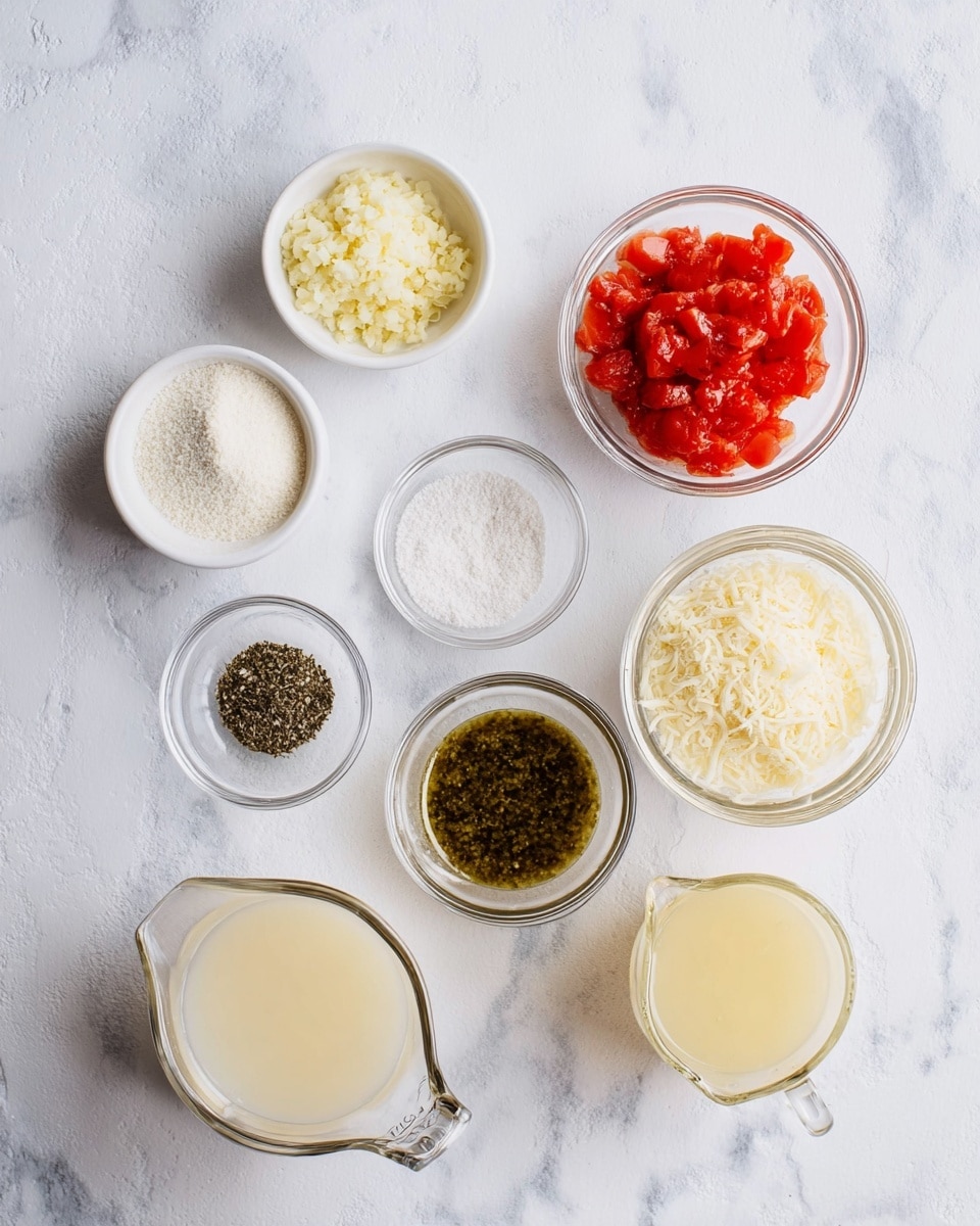 The image shows nine small clear glass and white dishes arranged on a white marbled surface. The top row has three white bowls with finely chopped garlic in pale yellow, white powdery cornstarch, and chunky bright red diced tomatoes. The middle row displays a small white bowl of dark dried herbs, a small clear bowl with white salt and black pepper together, and a medium clear bowl of finely grated pale yellow cheese. The bottom row has two clear glass measuring cups filled with creamy white liquid and light golden broth, and a small clear bowl with dark greenish-brown thick pesto or sauce. Photo taken with an iphone --ar 4:5 --v 7