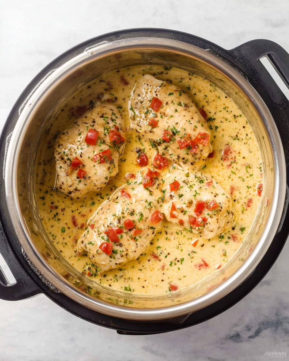 Inside a stainless steel pot, four light beige chicken pieces sit in a creamy, pale yellow sauce dotted with small green herbs and tiny black specks. Small bright red diced tomatoes are spread evenly over each chicken piece, adding a pop of color. The chicken pieces are arranged side by side, filling the bottom of the pot, and the sauce has a smooth, slightly thick texture. The pot has a black outer rim and handles and rests on a white marbled surface. photo taken with an iphone --ar 4:5 --v 7