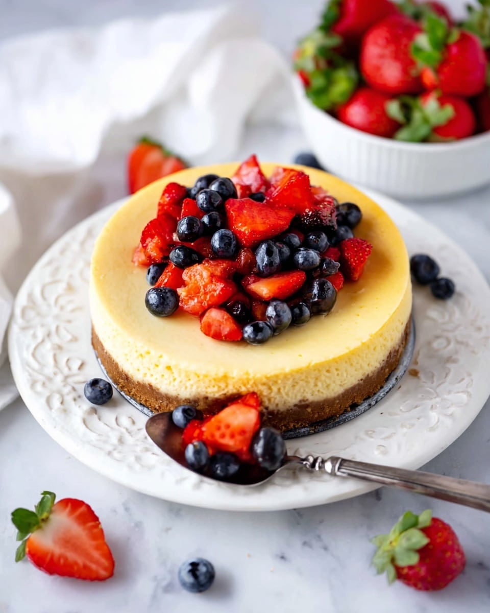 A round cheesecake with a light yellow top layer and a thick brown crust sits on a white plate with a decorative edge. The cheesecake is topped with a mix of halved red strawberries and small round dark blue blueberries piled in the center. A metal spoon is placed on the right side of the cheesecake, holding some of the fruit. Around the plate and on the white marbled surface are scattered whole and halved strawberries and blueberries. In the background, a white plate holds a cluster of whole strawberries, slightly out of focus. The overall scene is bright and clean. photo taken with an iphone --ar 4:5 --v 7