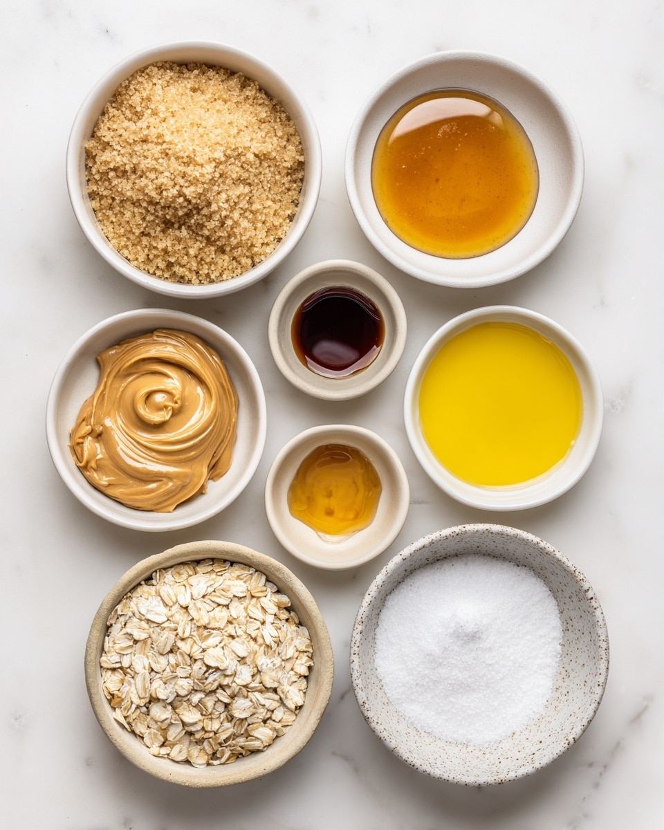 Seven small white bowls are arranged on a white marbled surface, each holding a different ingredient. At the top left, a bowl filled with light brown sugar has a grainy texture. To its right, a smaller bowl holds dark amber vanilla extract with a smooth surface. Below the brown sugar, a bowl contains bright yellow melted butter that looks liquid and glossy. At the center, there is a bowl with creamy light brown peanut butter, swirled in the middle. To the right of the peanut butter, another small bowl holds golden maple syrup with a shiny surface. Below the melted butter, a bowl is filled with dry, slightly rough old-fashioned rolled oats in pale beige. Next to the oats at the bottom right, a speckled white bowl holds a mixture of white baking soda and fine sea salt. Each bowl’s content shows natural textures and colors, neatly organized photo taken with an iphone --ar 4:5 --v 7