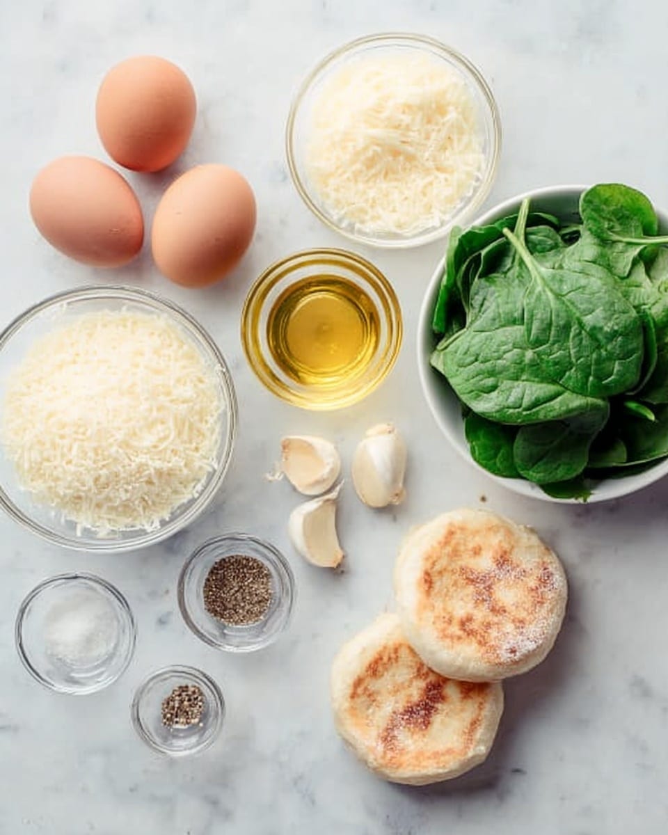 The image shows a clean white marbled surface with a simple layout of fresh ingredients: four light brown eggs on the left side, a small clear glass bowl filled with grated pale yellow cheese next to a small clear bottle of light golden oil, two peeled garlic cloves placed between these items and a bowl filled with fresh bright green spinach leaves on the right side. Below are two browned, round English muffins stacked slightly, accompanied by two small clear bowls, one with white salt and black pepper and the other with a small amount of vinegar or clear liquid. Photo taken with an iphone --ar 4:5 --v 7