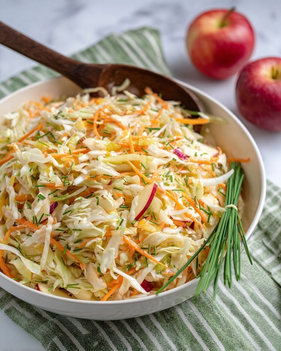 A large white bowl filled with a colorful slaw made of thin, shredded layers of cabbage in white and pale green, mixed with thin orange carrot strips and small thin apple pieces in red and pale yellow; bright green chopped chives are scattered on top, along with a small bundle of longer green chives tied together placed on the side near the edge; a dark wooden spoon is resting in the bowl; the bowl sits on a white marbled surface with a green and white striped cloth underneath, and two red apples are slightly out of focus in the background photo taken with an iphone --ar 4:5 --v 7