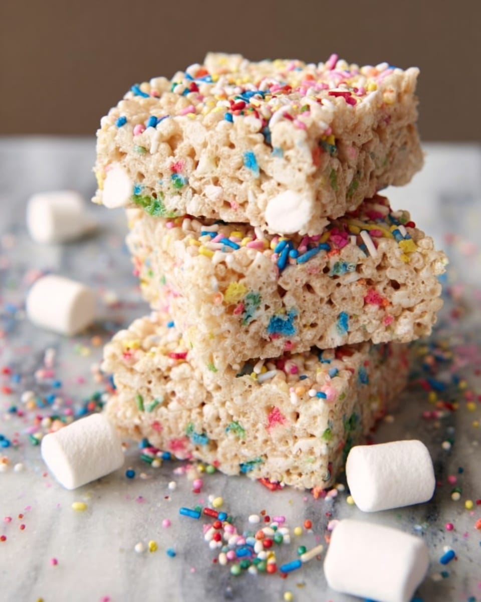 A stack of three square rice crispy treats with colorful rainbow sprinkles mixed in and sprinkled on top, resting on a white marbled surface. The treats are light beige with a sticky texture that holds visible small white marshmallows inside. A few loose marshmallows and sprinkles are scattered around the stack, adding a playful touch. Photo taken with an iphone --ar 4:5 --v 7