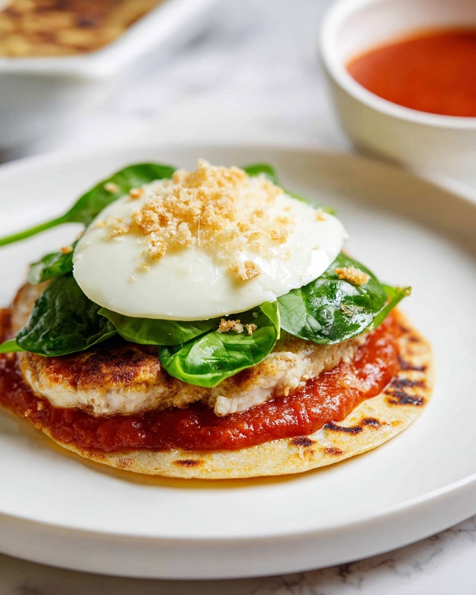 The dish shows three layers on a white plate with a white marbled surface below. The bottom layer is a golden brown tortilla with some grill marks. The middle layer is a chicken patty that is light brown with a slightly crispy texture. On top of the chicken patty is a layer of vibrant red tomato sauce spread evenly. Above the sauce is a round slice of white mozzarella cheese, smooth and creamy in appearance. The top layer consists of bright green fresh spinach leaves, slightly shiny from moisture, and sprinkled with small golden and white crispy breadcrumbs. In the background, a white bowl with red sauce inside is partially visible. Photo taken with an iphone --ar 4:5 --v 7