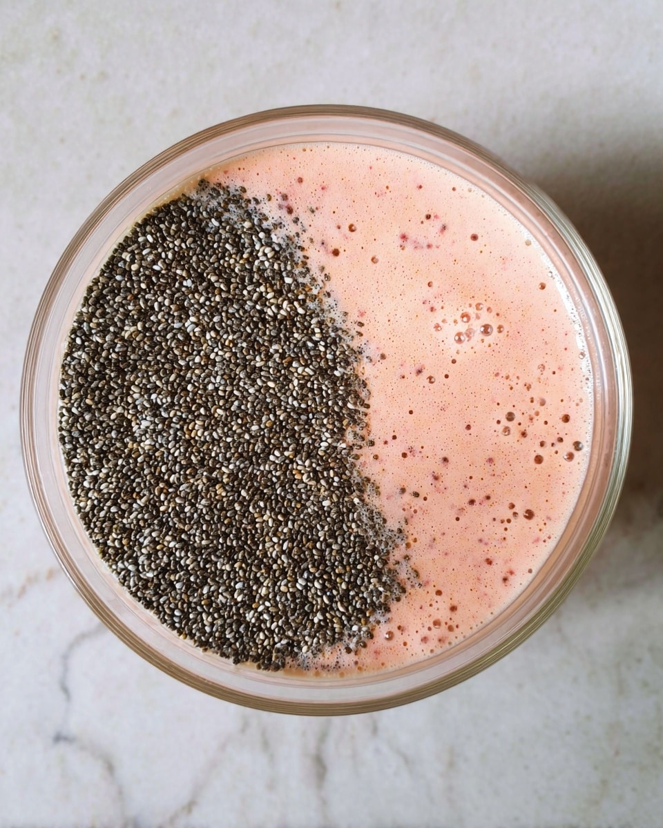 A clear glass bowl holding two visible layers: the base layer is a smooth, light pink liquid with small bubbles and a creamy texture, filling most of the bowl; the top layer is a dense cluster of tiny black and white chia seeds covering about half of the surface on one side, creating a textured contrast against the liquid. The bowl rests on a white marbled surface. photo taken with an iphone --ar 4:5 --v 7