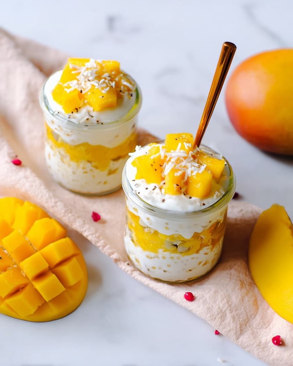 Two clear glass jars are filled with layered mango parfaits sitting on a white cloth with tiny red cherries on a white marbled surface. Each jar has a bottom layer of creamy white yogurt mixed with yellow mango pieces, followed by a middle layer of more creamy yogurt, and topped with a thick layer of white yogurt. On the top, bright yellow mango chunks are scattered, sprinkled with small white puffed grains and shredded coconut. One jar has a brown spoon sticking out, and a whole and sliced mango are visible in the background. Photo taken with an iphone --ar 4:5 --v 7