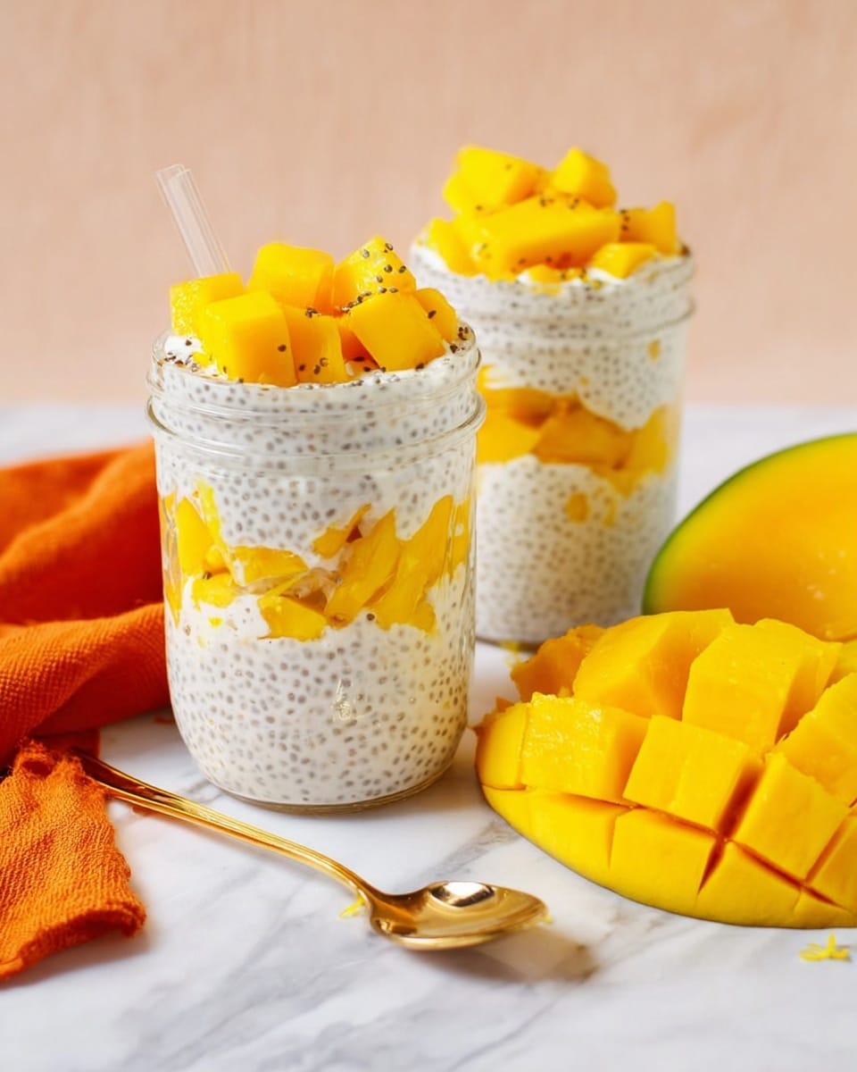 The image shows a jar dessert with four layers. The bottom layer is small orange mango pieces, followed by a creamy, white mixture with chia seeds. Above it is another layer of mango pieces, topped with a thick white cream. On the very top, there are mango cubes, sprinkled with popped grains, black chia seeds, and shredded coconut. In the background, there is a white marbled texture and a whole mango with one half scored in a grid pattern. The photo taken with an iphone --ar 4:5 --v 7