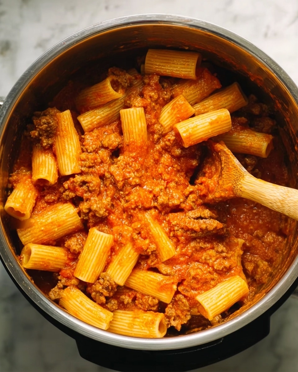 The image shows a stainless steel pot filled with rigatoni pasta mixed with a chunky red tomato sauce and ground meat. The rigatoni pasta pieces are thick and yellowish, fully coated with the smooth orange-red sauce that also covers the small brown chunks of meat scattered evenly throughout. A wooden spoon is partially stirring the mix on the right side of the pot, showing the creamy and thick texture of the sauce clinging to both the pasta and the meat. The pot sits on a white marbled surface. photo taken with an iphone --ar 4:5 --v 7