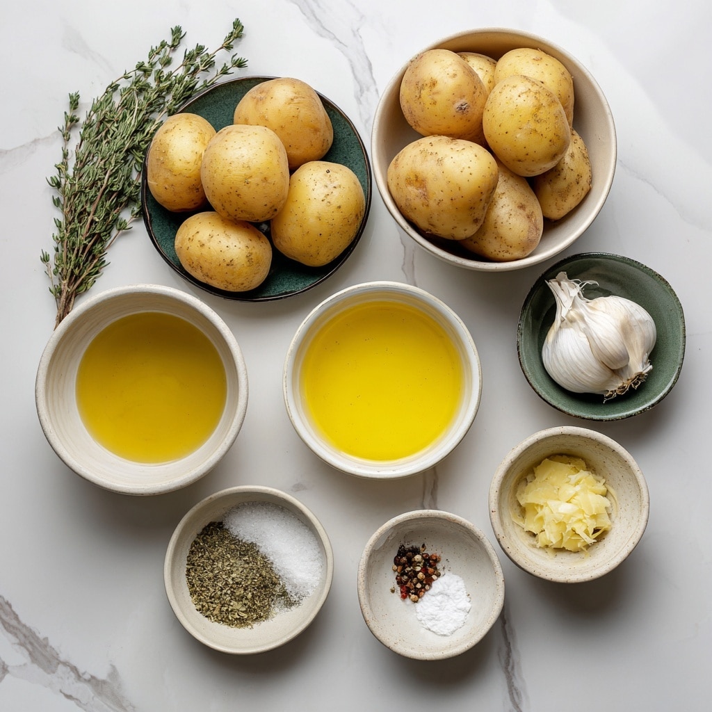 The image shows a white bowl filled with golden roasted potato halves, each with a crisp, slightly browned outer skin and a soft, tender inside. The potatoes are sprinkled with small crumbles of white cheese and finely chopped green herbs, scattered evenly over the top. The potatoes have a light shine, indicating they are coated with oil, and small black pepper specks are visible on some pieces. The close-up view focuses on the warm, textured surface of the potatoes and cheese against a softly blurred green background, with the bowl resting on a white marbled surface. photo taken with an iphone --ar 4:5 --v 7