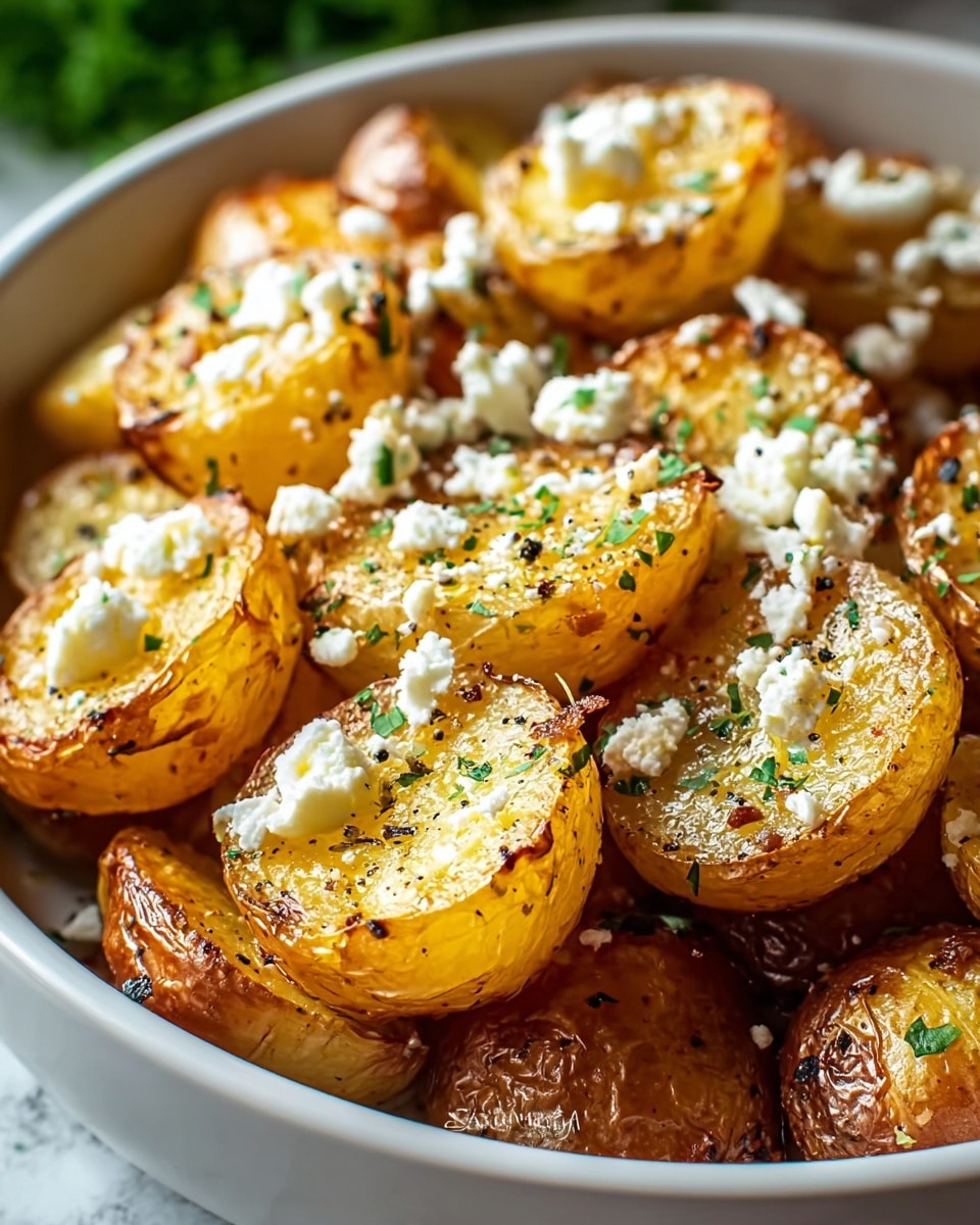 The image shows a white bowl filled with golden roasted potato halves, each with a slightly crispy edge and a smooth, tender center. On top of the potatoes, there are small, uneven white pieces of cheese scattered, adding texture, along with small green herb sprinkles that give a fresh look. The potatoes look juicy and well-seasoned with visible black pepper specks, and the bowl sits on a surface with a white marbled texture. Photo taken with an iphone --ar 4:5 --v 7