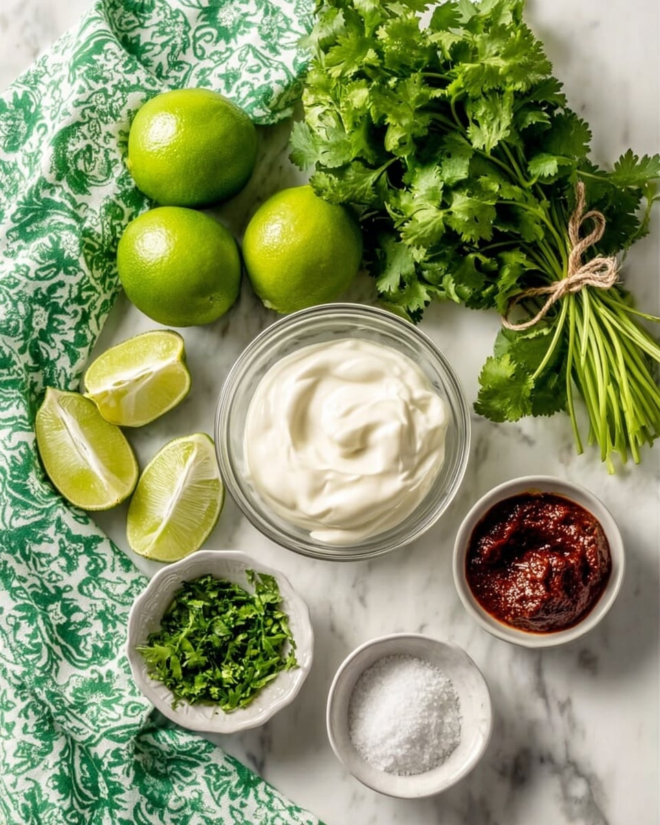 The image shows several ingredients arranged neatly on a white marbled surface. There is a bunch of fresh green cilantro tied with a small string on the top right. Below it, four whole bright green limes are placed close together. Two lime halves are cut and placed separately, one near the top left corner and one near the bottom center. In the middle, there is a clear glass bowl filled with creamy white sour cream or yogurt. Around it are three small white bowls: one with chopped green herbs, another with coarse white salt, and the last one filled with a dark red chili paste or sauce. A green and white patterned cloth is laid out on the left side, adding color contrast. Photo taken with an iphone --ar 4:5 --v 7