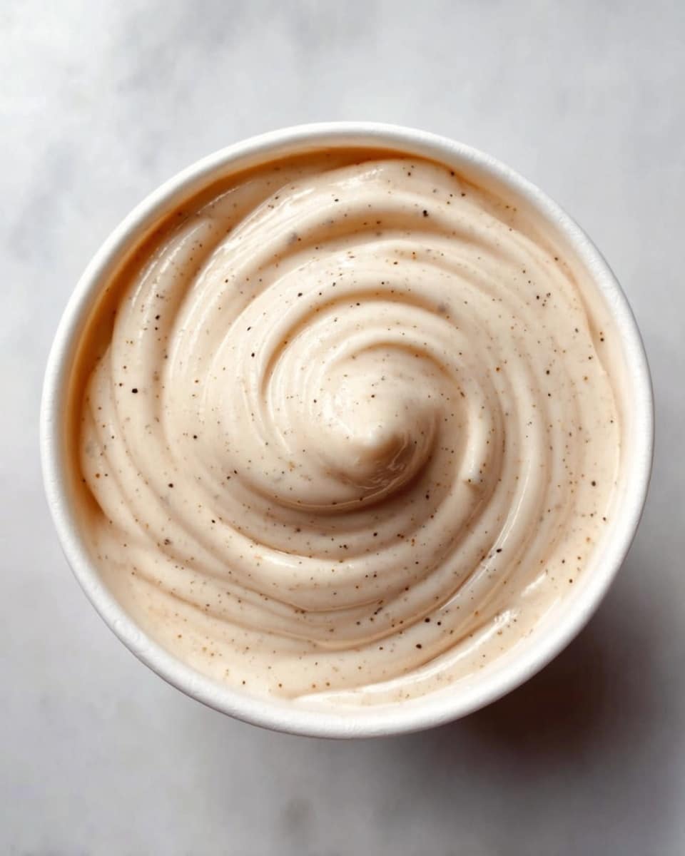 A close-up top view of a white bowl filled with smooth, creamy swirled sauce that is pale beige in color with small black specks evenly spread through it, creating a soft, textured look. The sauce is thick with a gentle spiral wave pattern from the center to the edges. The bowl sits on a white marbled surface. photo taken with an iphone --ar 4:5 --v 7