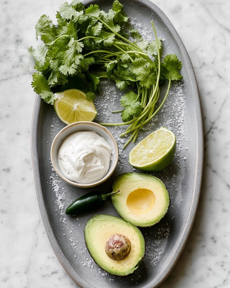 A long oval gray plate holds several ingredients arranged loosely on its surface. On the top left, there is a bunch of fresh green cilantro with leafy stems extending across the plate. Below the cilantro is a small round bowl filled with thick white cream. To the right of the cilantro sits a halved lime, showing a bright light green inside. Below the lime is another lime piece cut lengthwise showing juicy, pale green segments. At the lower center, two avocado halves are placed side by side, one showing a large brown seed in the middle with light green creamy flesh surrounding it, and the other with an empty seed cavity displaying smooth yellow-green flesh. A small dark green chili pepper lies below the avocado halves. The plate rests on a white marbled surface, and there is coarse salt scattered around the ingredients. photo taken with an iphone --ar 4:5 --v 7
