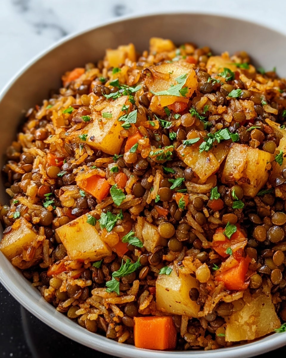 A close-up view of a bowl filled with cooked reddish-orange rice mixed with brown lentils, all evenly blended together. On top, there is a fresh green layer of chopped coriander leaves scattered in the center, adding bright contrast to the warm colors below. The food is served in a white bowl set on a white marbled surface, giving a clean and simple look. Photo taken with an iphone --ar 4:5 --v 7