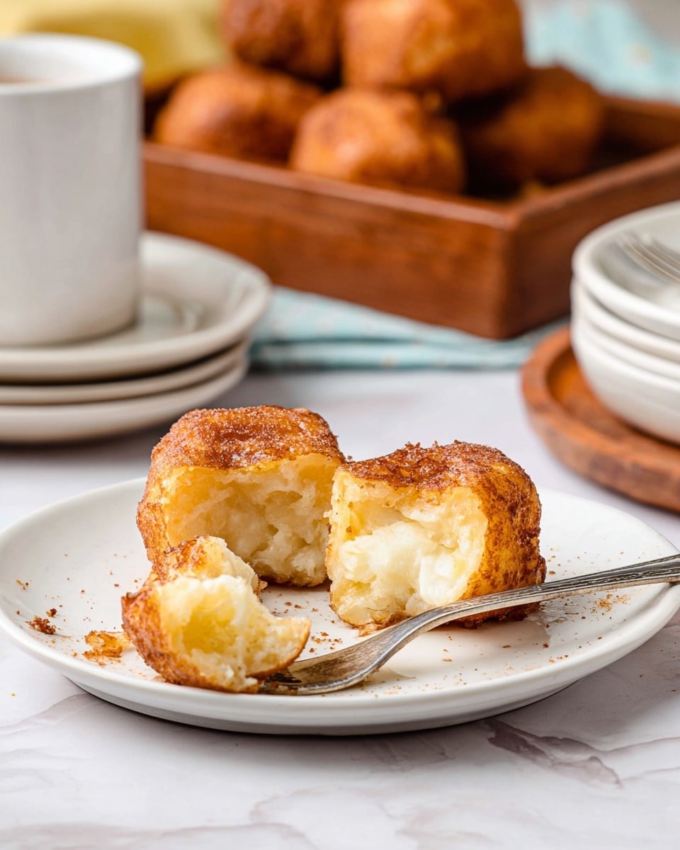 A wooden tray holds seven square-shaped pieces of fried dough with a light golden-brown color and a powdery white dusting over each piece; the dough pieces have a rough and slightly crispy texture and are stacked in a small pile. The tray sits on a woven straw mat that adds a natural texture underneath. In the blurred background, a yellow lemon and a stack of white plates with white cups are visible against a white marbled surface. Photo taken with an iphone --ar 4:5 --v 7