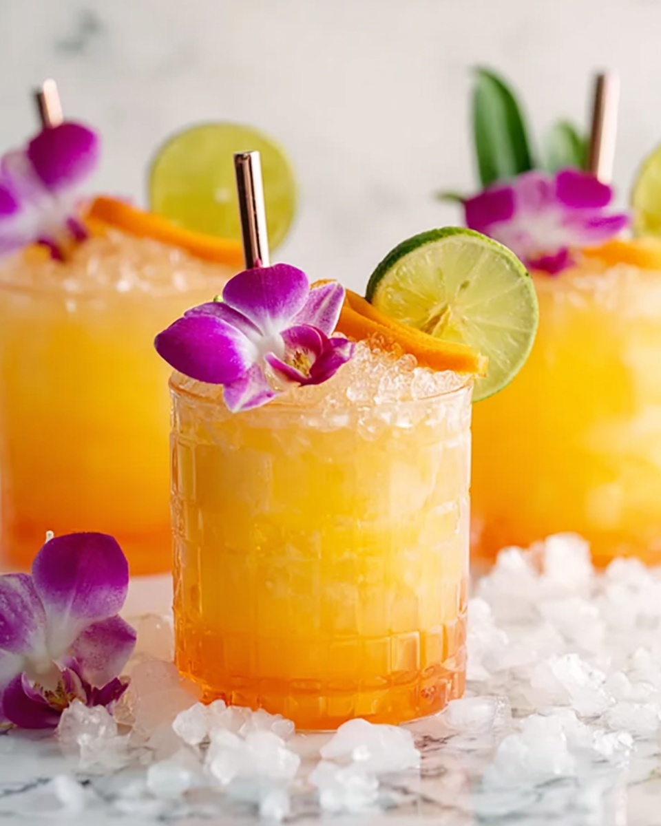 The image shows three clear white glasses filled with an orange-yellow drink that has a slightly frosty texture from crushed ice filling the top half. Each glass is decorated with a thin spiral of orange peel curling outward, a round green lime slice perched on the rim, and a small bright yellow flower near the lime. A metal straw is placed in the glass in front, which is garnished on top with a delicate light pink orchid flower with visible vein patterns on its petals. The glasses sit on a bed of crushed ice against a white marbled background giving the scene a fresh and cool look photo taken with an iphone --ar 4:5 --v 7