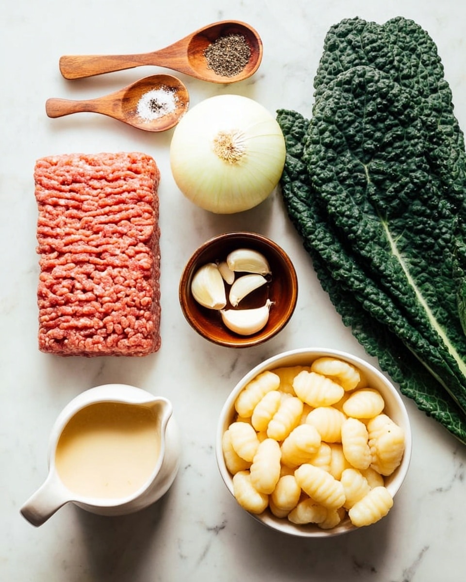 The image shows several cooking ingredients arranged on a white marbled surface. On the left is a rectangular block of raw ground meat with a reddish color and textured pattern. Above it, two wooden spoons hold black pepper and coarse salt. At the top center is a half white onion with smooth, shiny skin next to a bunch of fresh dark green kale leaves with a crinkled texture. Below the onion is a small brown bowl holding three peeled garlic cloves, and next to it on the right is a white bowl filled with pale yellow gnocchi that have a soft, pillowy texture. Below the bowl of gnocchi is a small white jug filled with a creamy white sauce, and next to that is a white jug with a warm orange liquid. The items are neatly placed, showing a variety of textures and colors. Photo taken with an iphone --ar 4:5 --v 7
