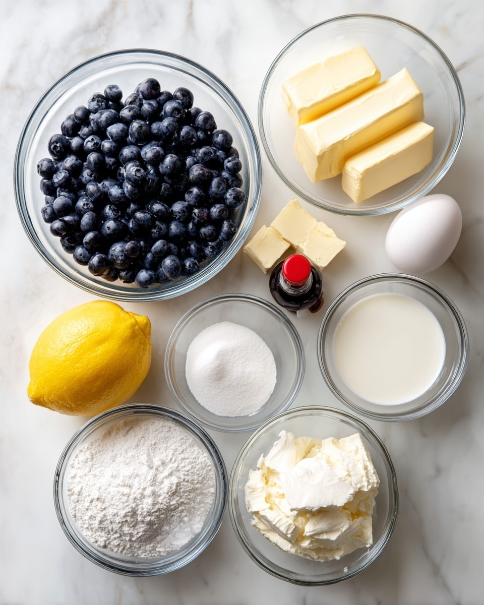 The image shows clear glass bowls and small containers arranged on a white marbled surface. There is one large glass bowl in the center filled with dark blue blueberries. Around it, there are smaller bowls and containers holding white granulated sugar, white flour, three chunks of pale yellow butter, thick white cream cheese, a small amount of white heavy cream, clear water, and a single white egg. A bright yellow whole lemon and a small brown bottle with a red cap of vanilla extract are also placed on the surface, each separated and clearly visible. All items are placed neatly without overlapping, giving a clean and organized look photo taken with an iphone --ar 4:5 --v 7
